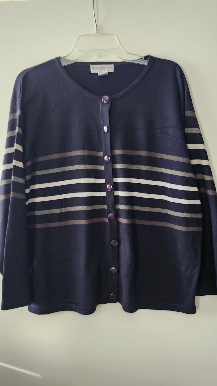 Dressbarn Woman Cardigan Sweater 18/20 Plus Size Navy Blue Striped Cotton #289